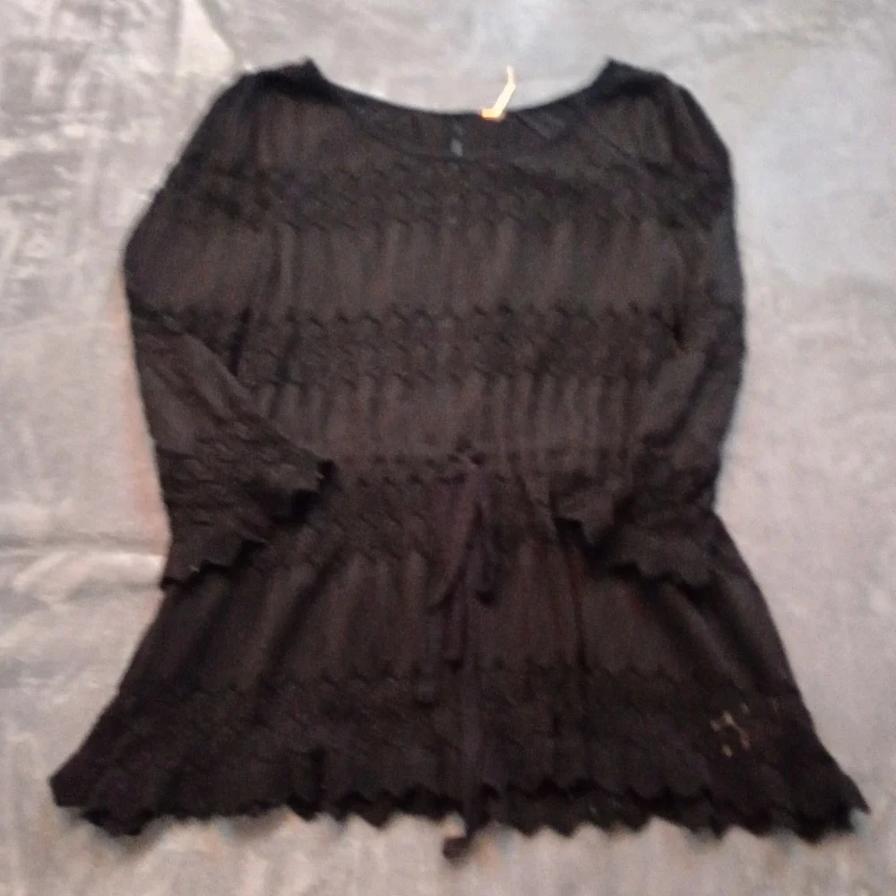 Free‎ People Top Shirt Blouse Womens Medium Black Cinch Waist Boho Whimsy Witchy